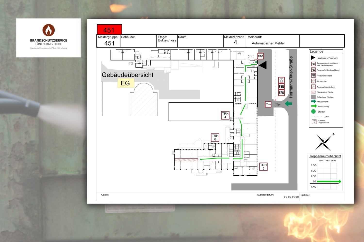 Gebäudeplan für die Feuerwehr mit Meldegruppen, Löschstationen und Fluchtwegen
